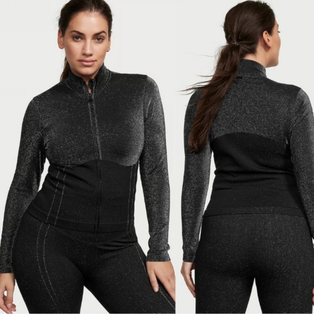 Victoria’s Secret Black Seamless Shimmer Full-Zip Jacket, M, 16" PTP, Stretchy